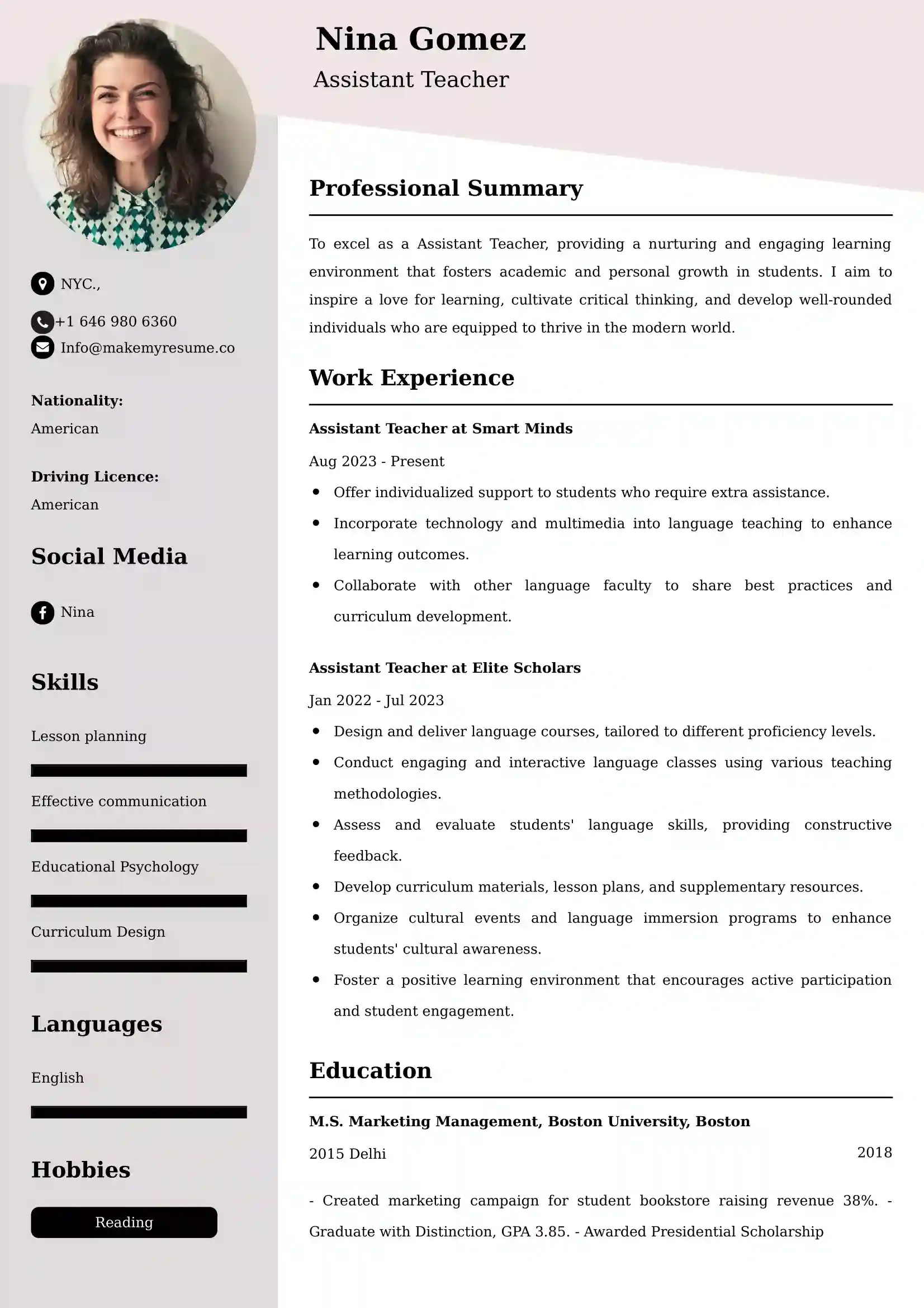 Assistant Teacher Resume Examples - Canadian Format and Tips