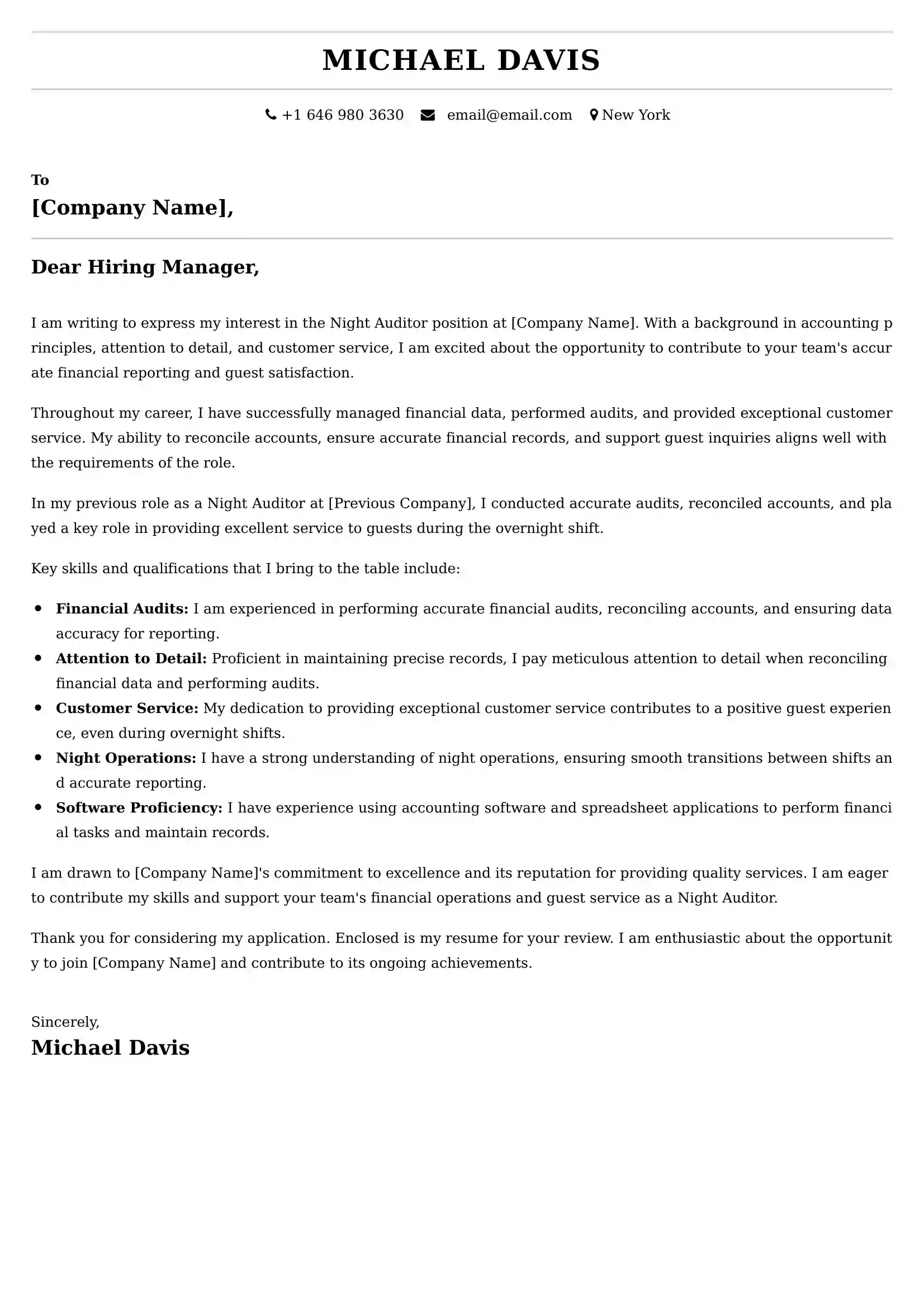 Night Auditor Cover Letter Samples - Canadian Format